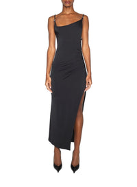 BLACK // black asymmetrical buckled strap dress
