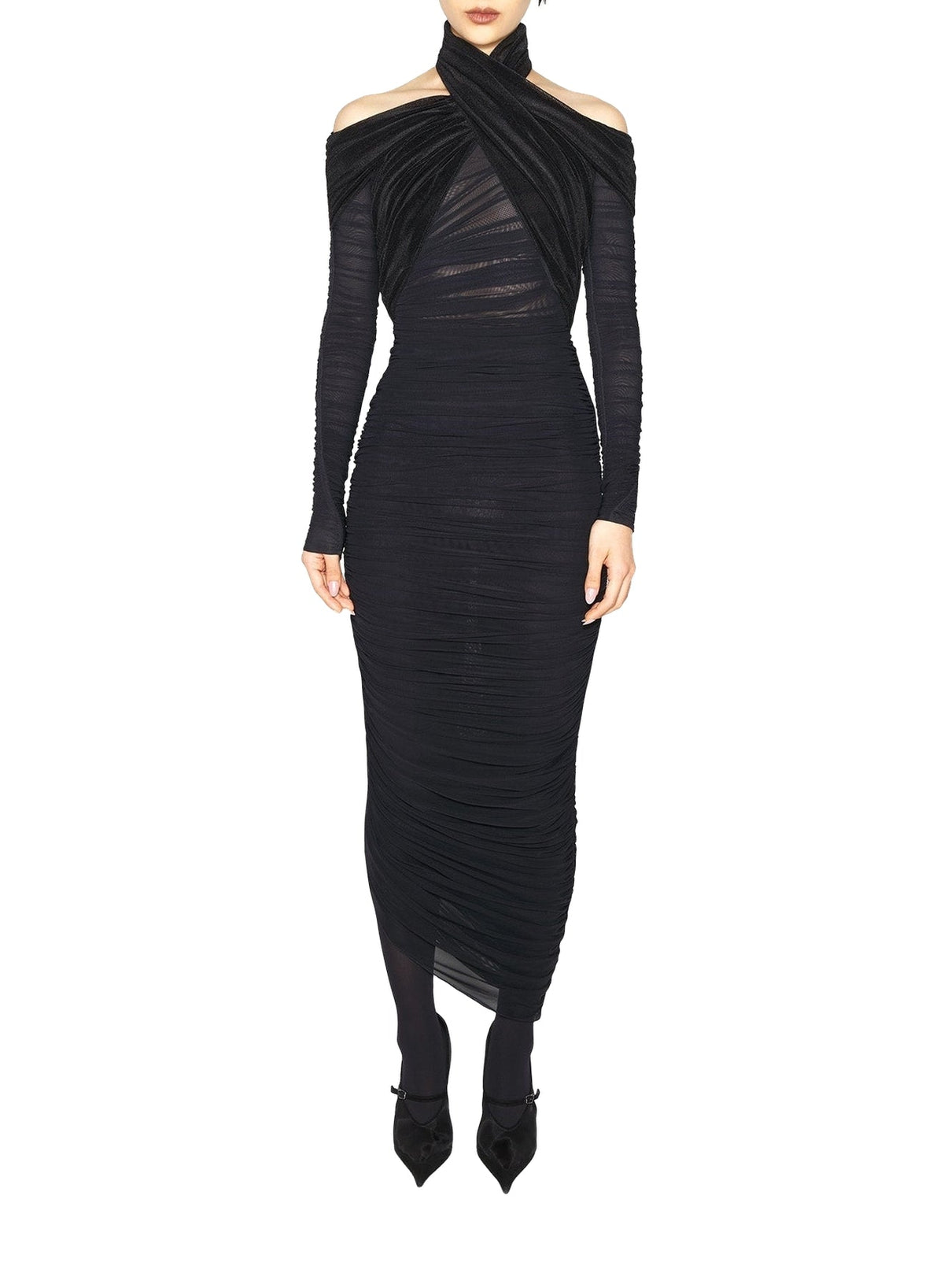 BLACK // black draped halter dress