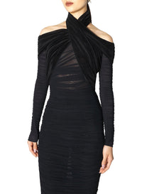 BLACK // black draped halter dress