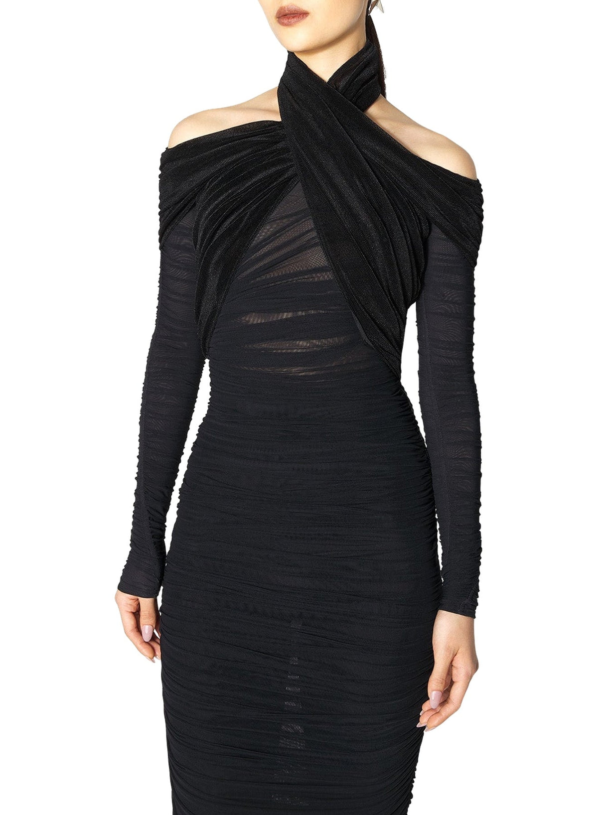 BLACK // black draped halter dress