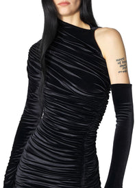 BLACK // black asymmetric rushed velvet dress