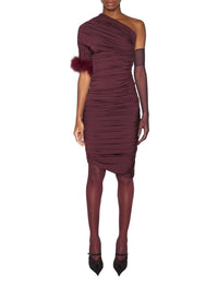 BURGUNDY // burgundy one-shoulder marabou dress