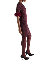 BURGUNDY // burgundy one-shoulder marabou dress