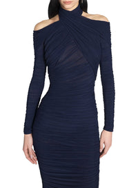 INK // ink blue draped halter dress