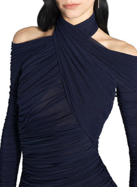 INK // ink blue draped halter dress