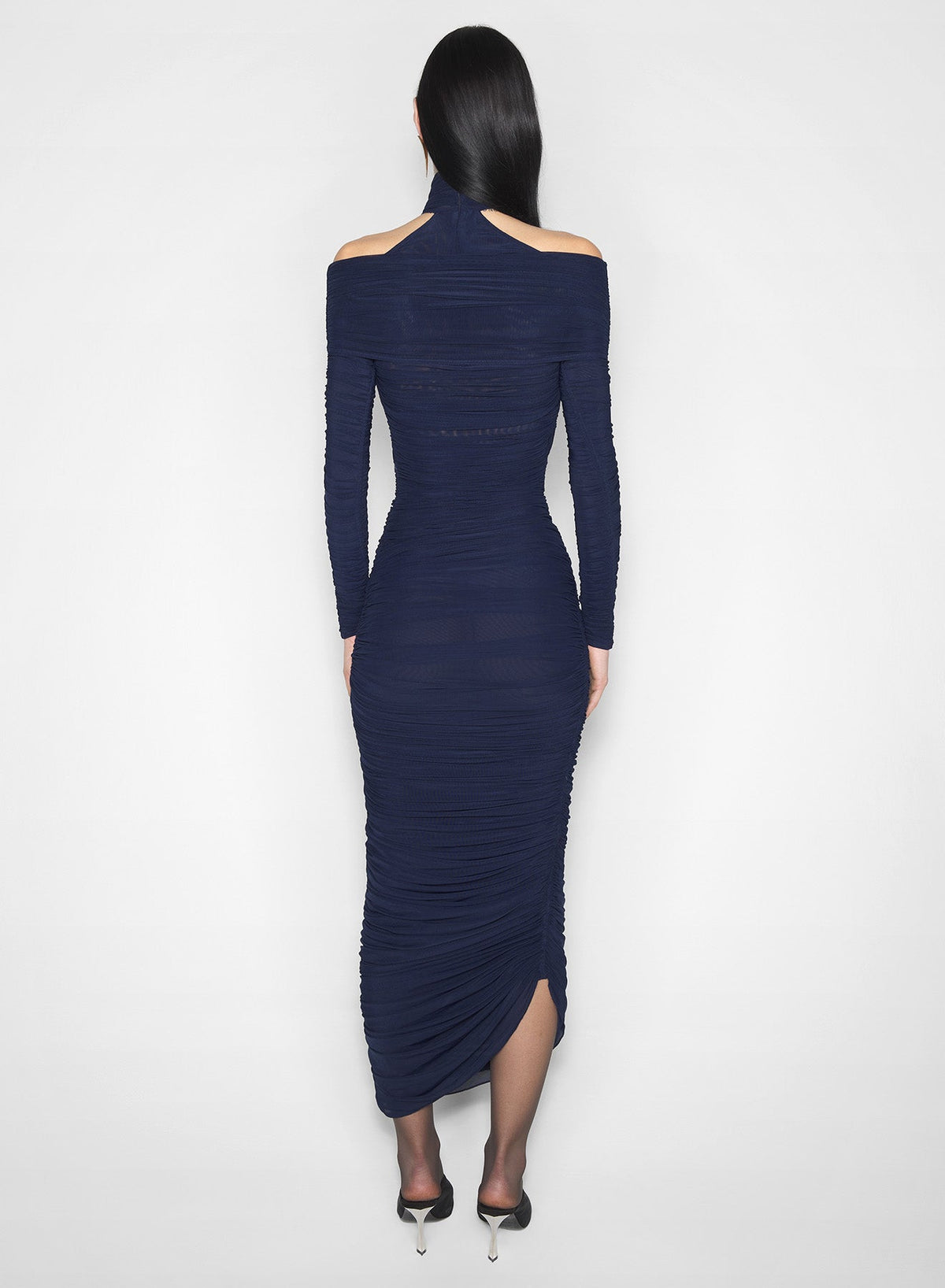 INK // ink blue draped halter dress