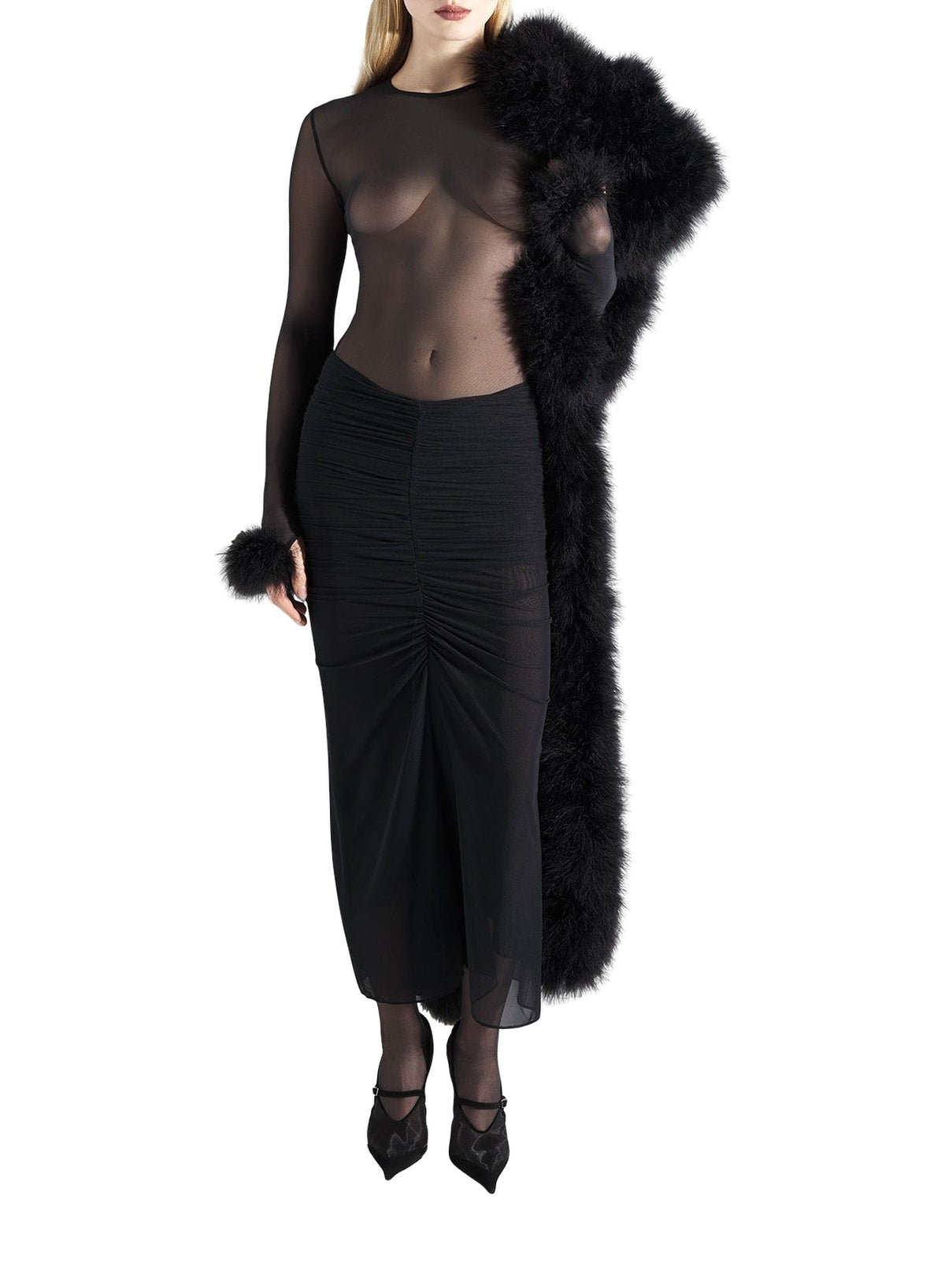 BLACK // black marabou mesh top
