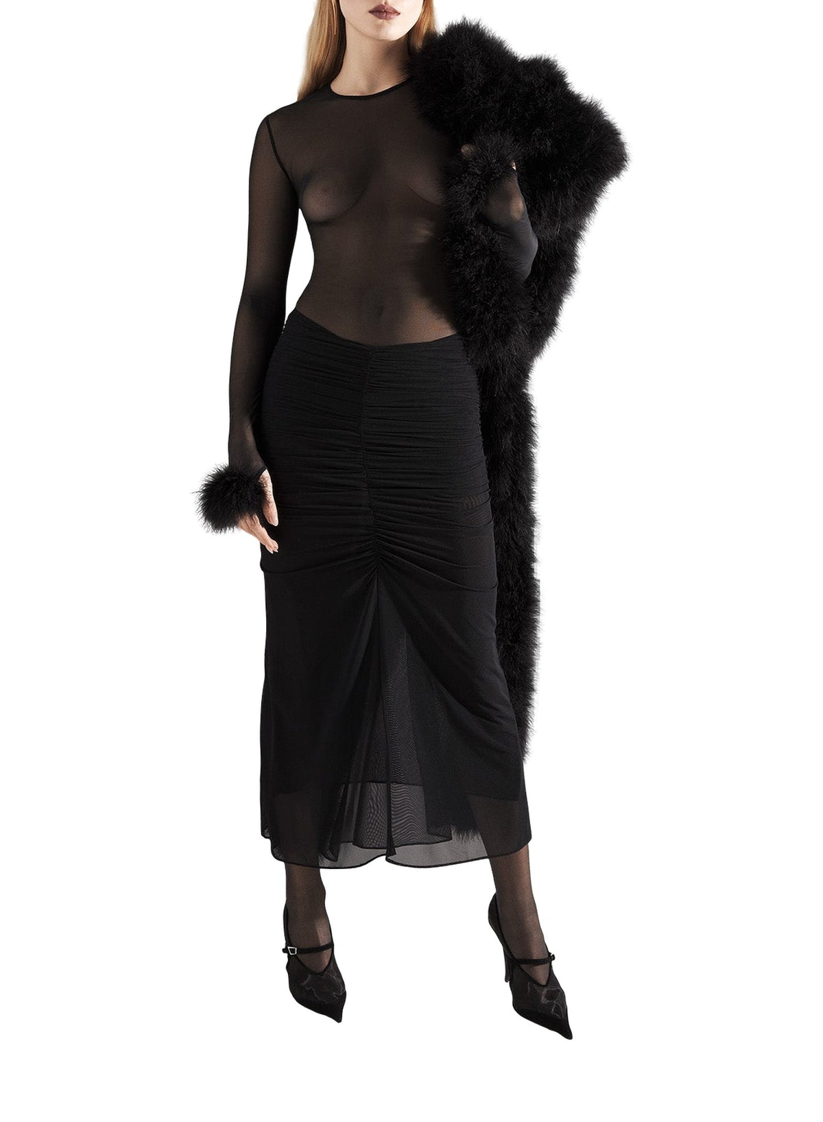 BLACK // black marabou mesh top