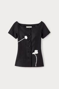 Top Hashiro cintré en laine avec détail de fleur - Black