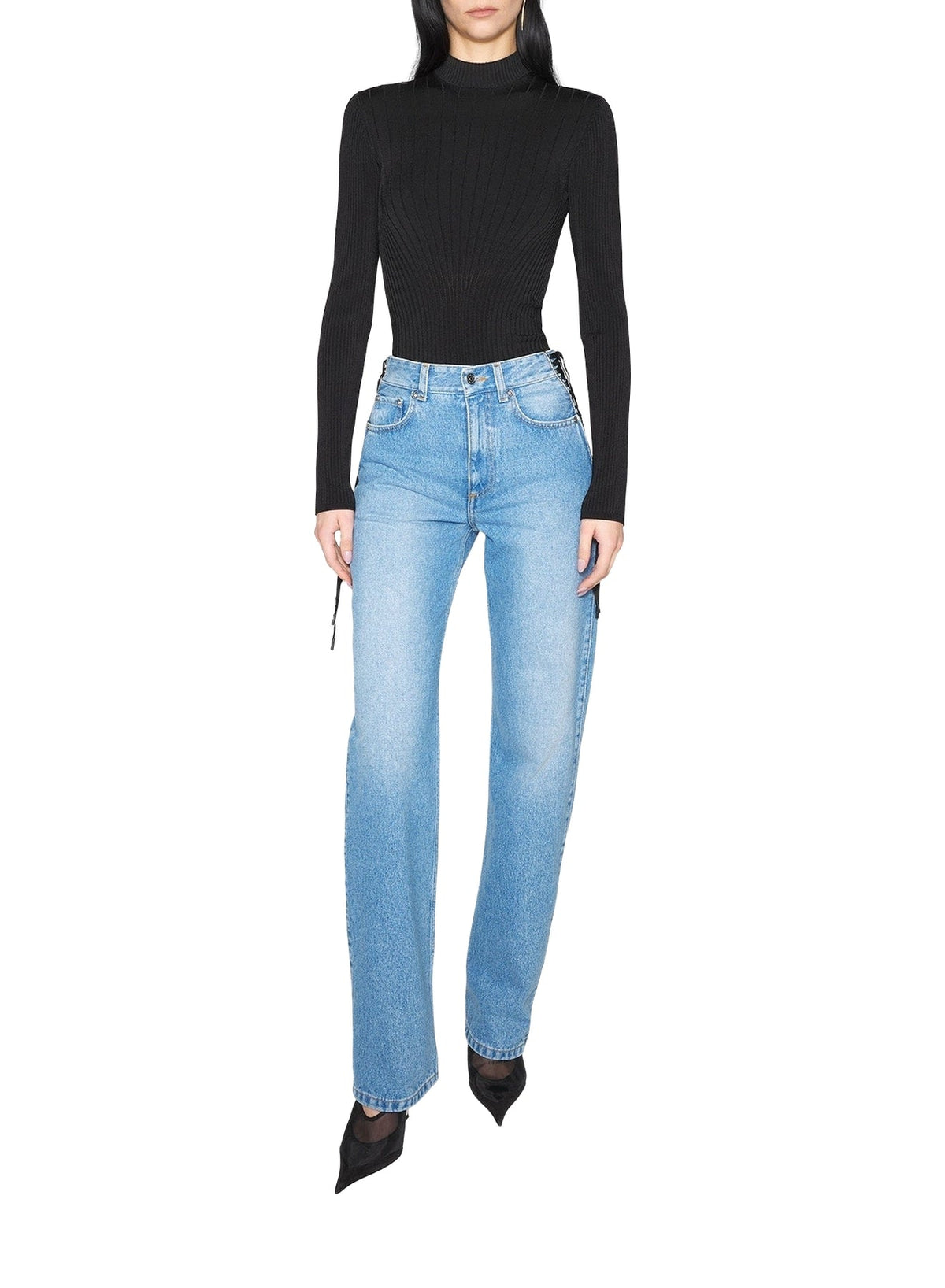 MEDIUM BLUE // blue laced-up straight leg jeans