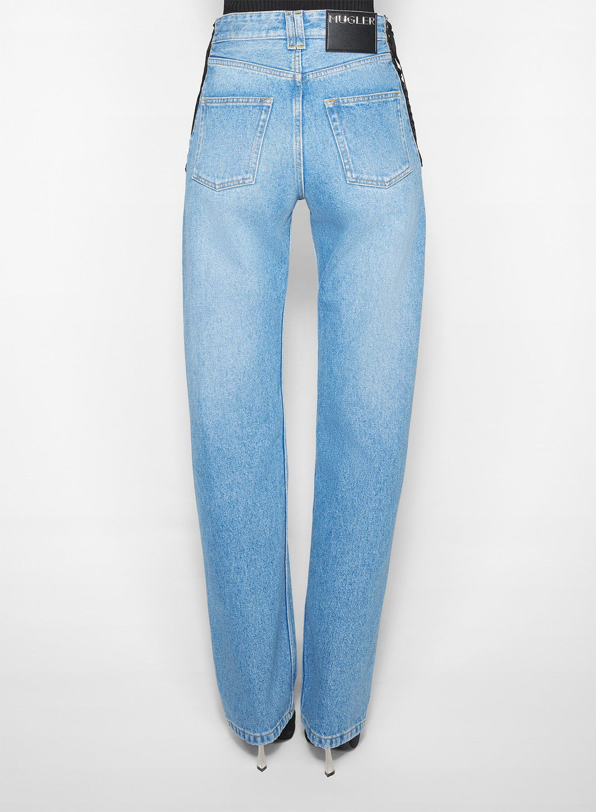 MEDIUM BLUE // blue laced-up straight leg jeans