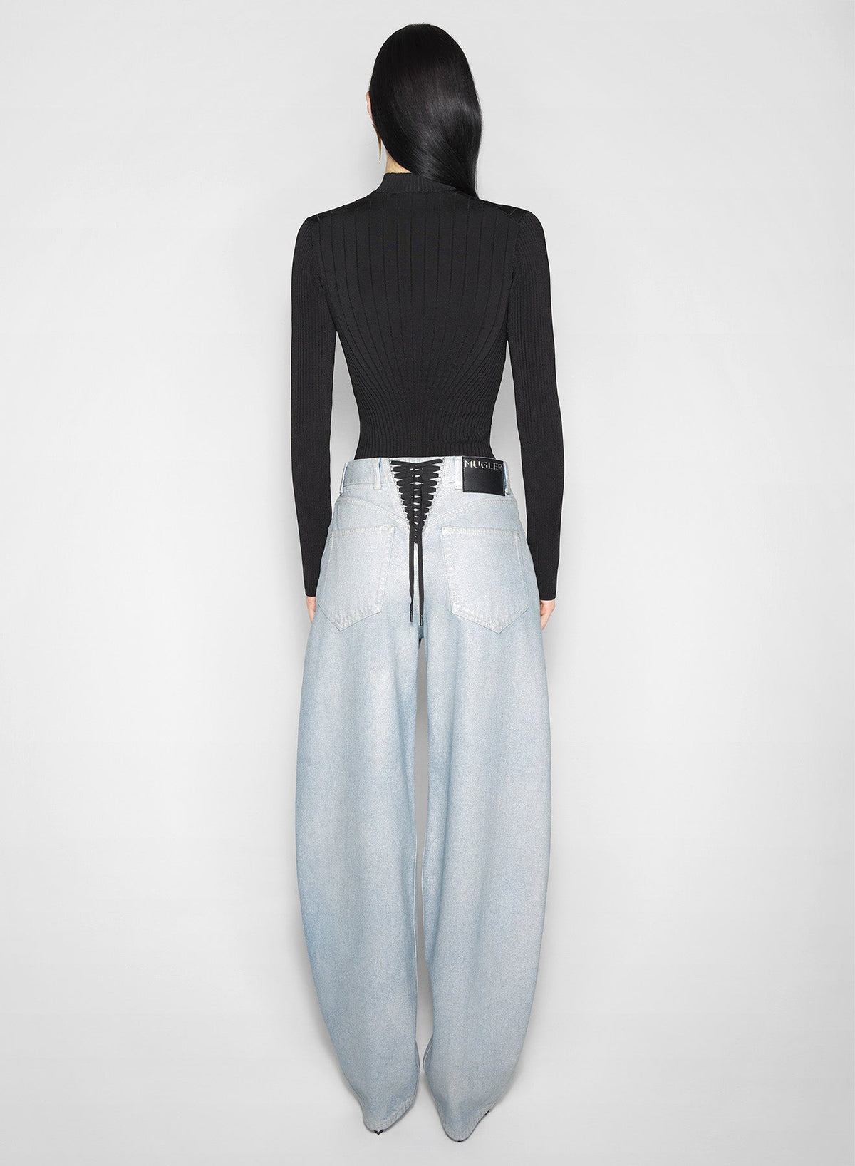 MEDIUM BLUE // blue laced-up wide-leg jeans