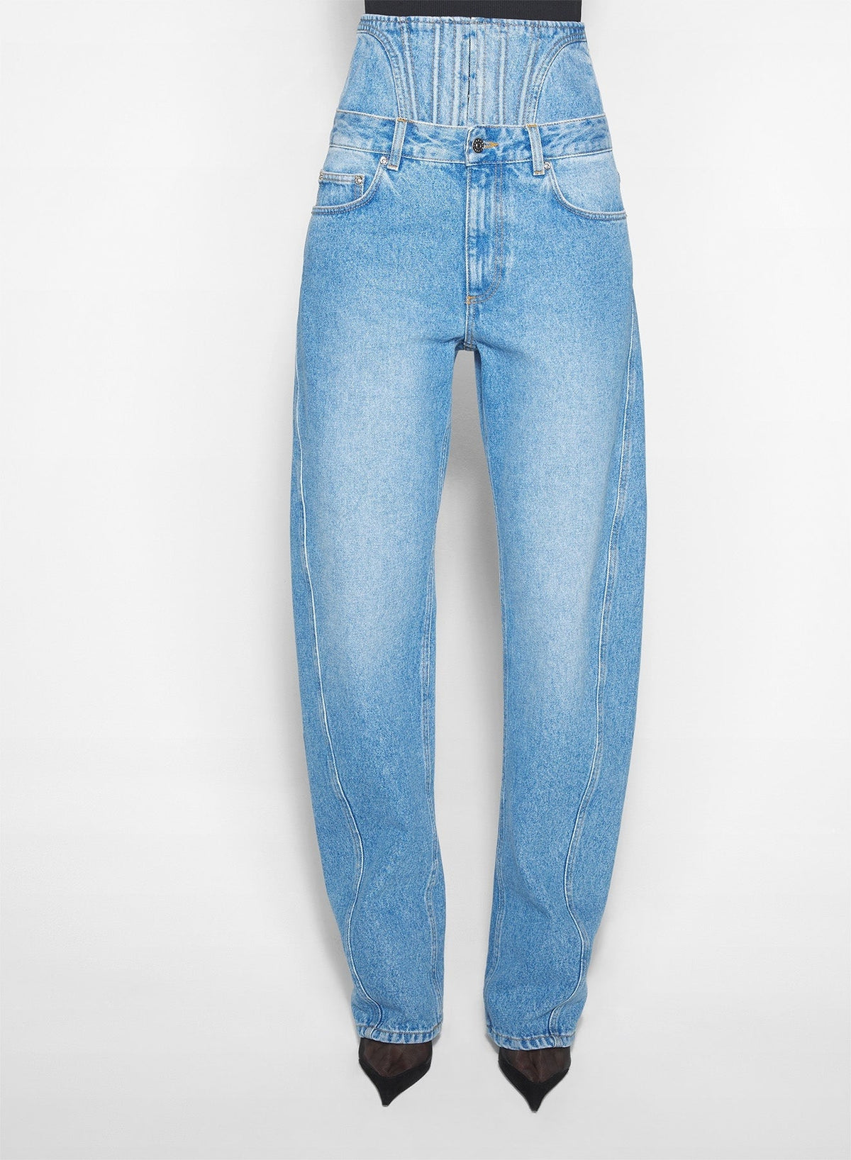 MEDIUM BLUE // washed blue high-waisted corset jeans