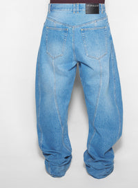 MEDIUM BLUE // washed blue oversized spiral jeans