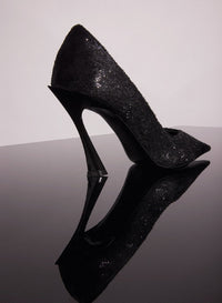 BLACK // black leather faux fur glittered fang 95 pump