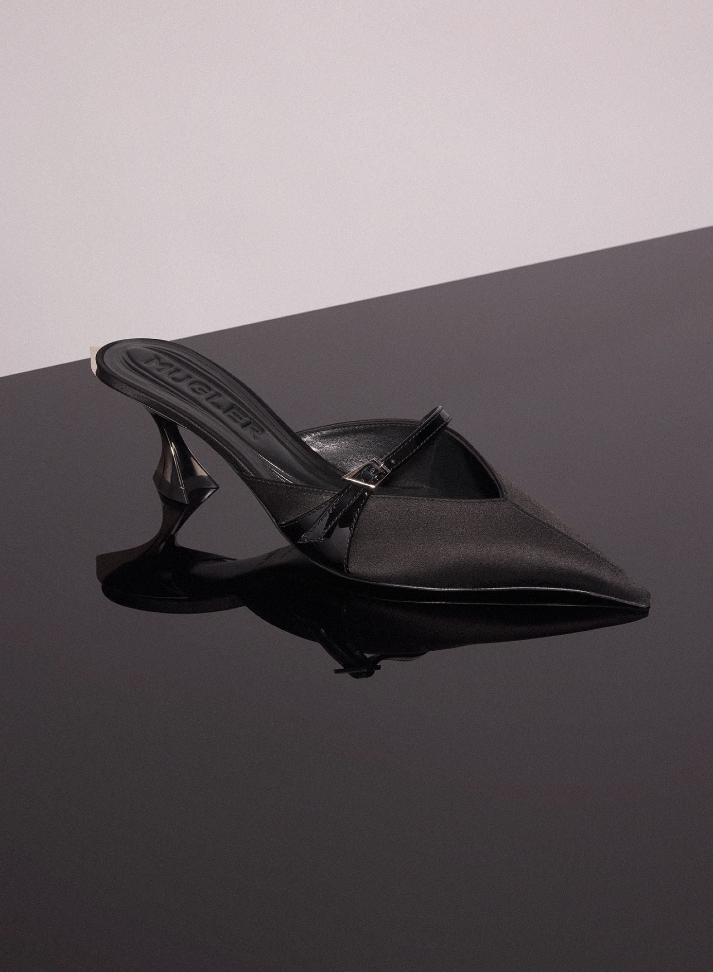 BLACK SATIN FANG 55 MULES WITH STRAP