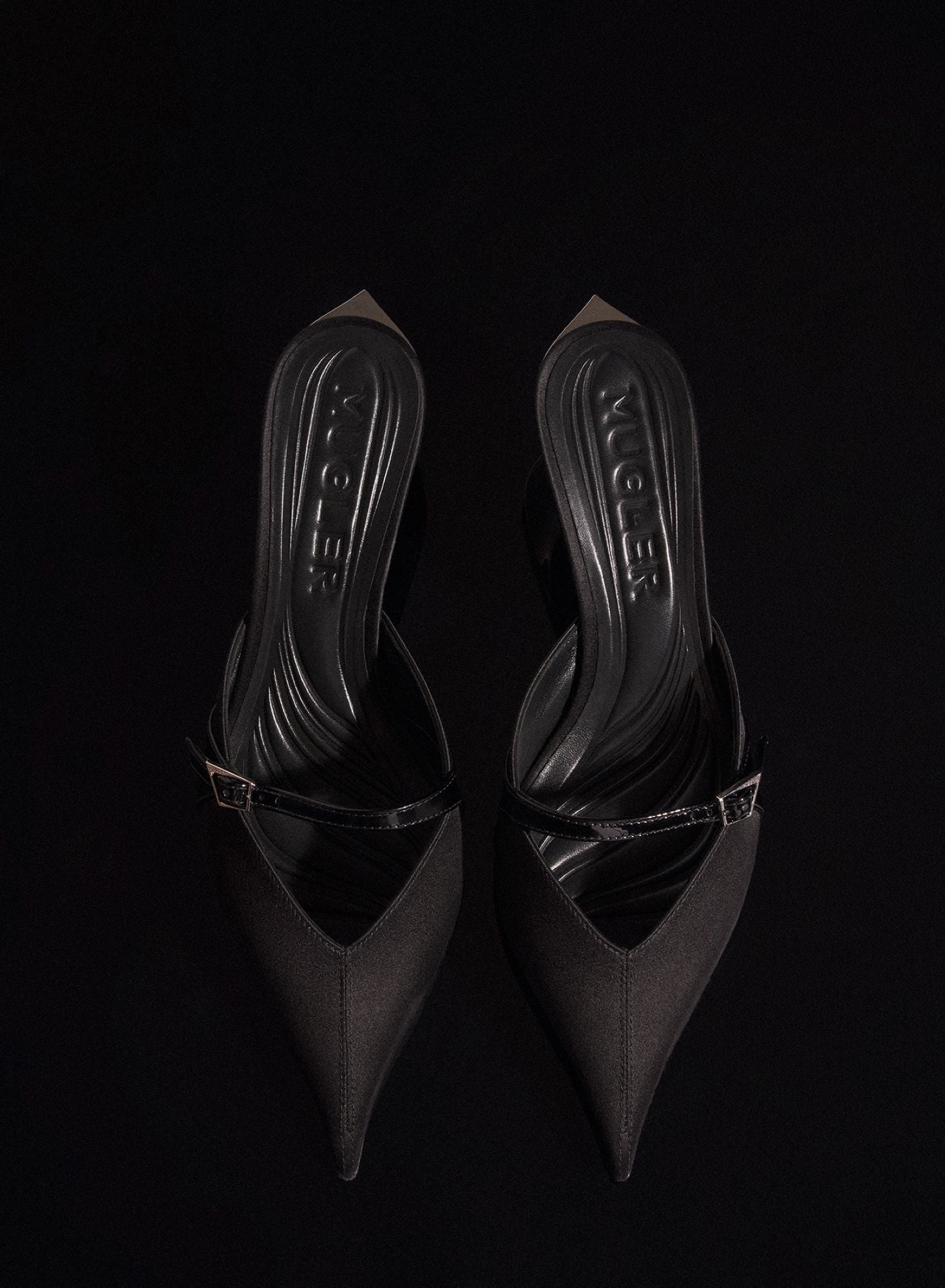 BLACK SATIN FANG 55 MULES WITH STRAP