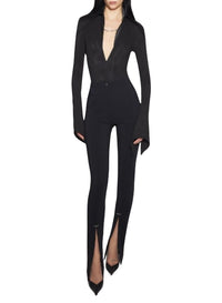 BLACK // black spiky satin collar bodysuit