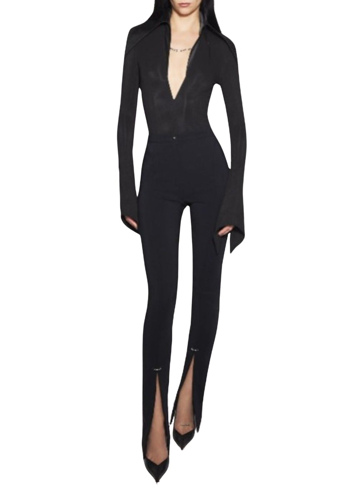 BLACK // black spiky satin collar bodysuit