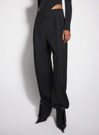 BLACK PIERCED LOOSE TAILORED TROUSERS