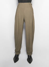 KHAKI PLEATED WIDE LEG TROUSERS