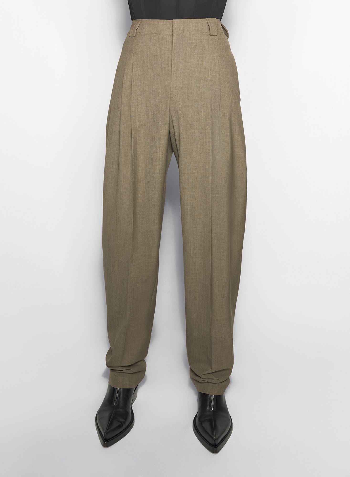 KHAKI PLEATED WIDE LEG TROUSERS