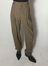 KHAKI PLEATED WIDE LEG TROUSERS