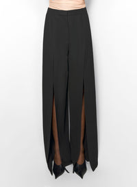BLACK WIDE-LEG SLIT BUCKLED TROUSERS