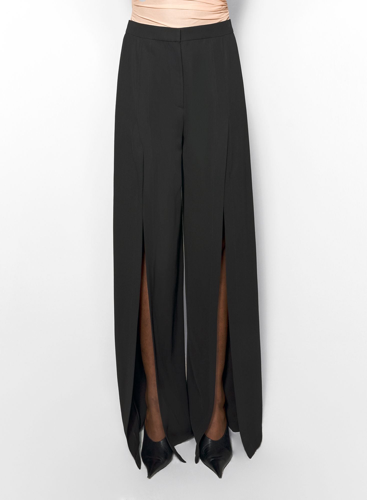 BLACK WIDE-LEG SLIT BUCKLED TROUSERS