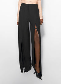 BLACK WIDE-LEG SLIT BUCKLED TROUSERS