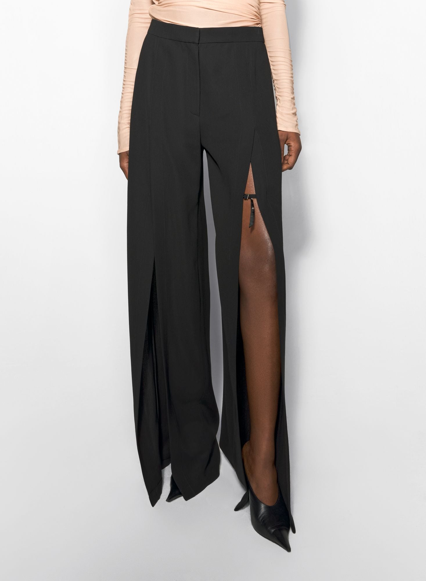 BLACK WIDE-LEG SLIT BUCKLED TROUSERS
