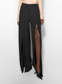 BLACK // black wide-leg slit buckled trousers
