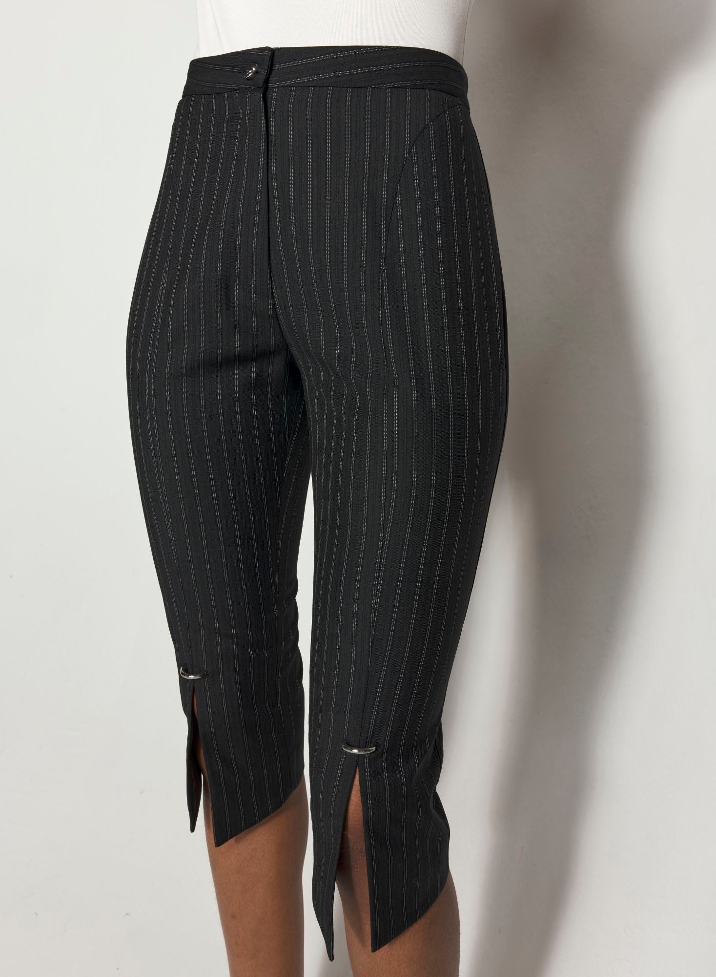 PINSTRIPE PIERCED CAPRI PANTS
