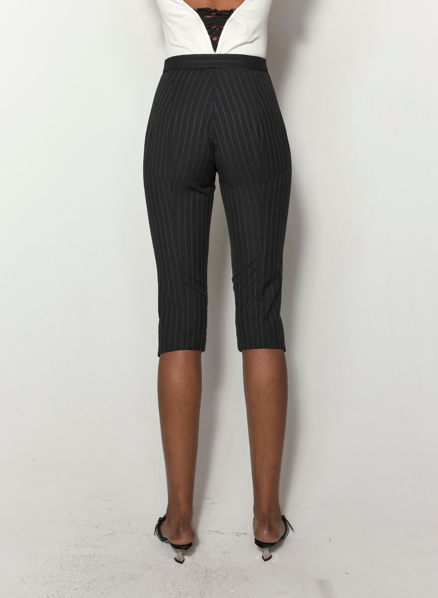 PINSTRIPE PIERCED CAPRI PANTS