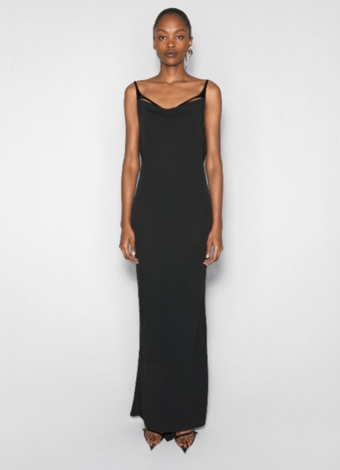 BLACK LEATHER HARNESS BACKLESS CREPE GOWN