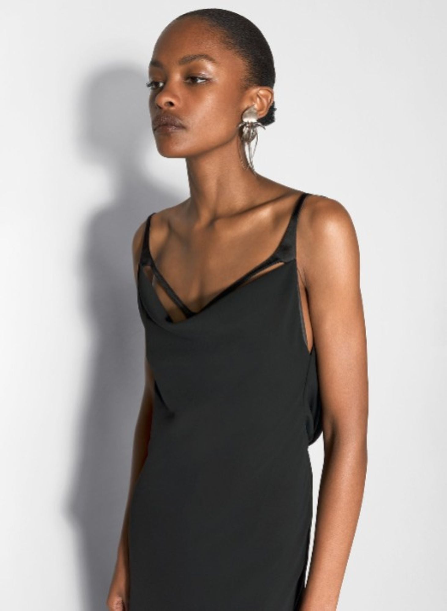 BLACK LEATHER HARNESS BACKLESS CREPE GOWN