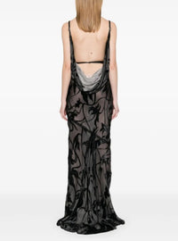 BLACK FLORAL PRINT BACKLESS VELVET GOWN