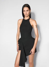 BLACK ASYMETRICAL TAILORING HALTER DRESS