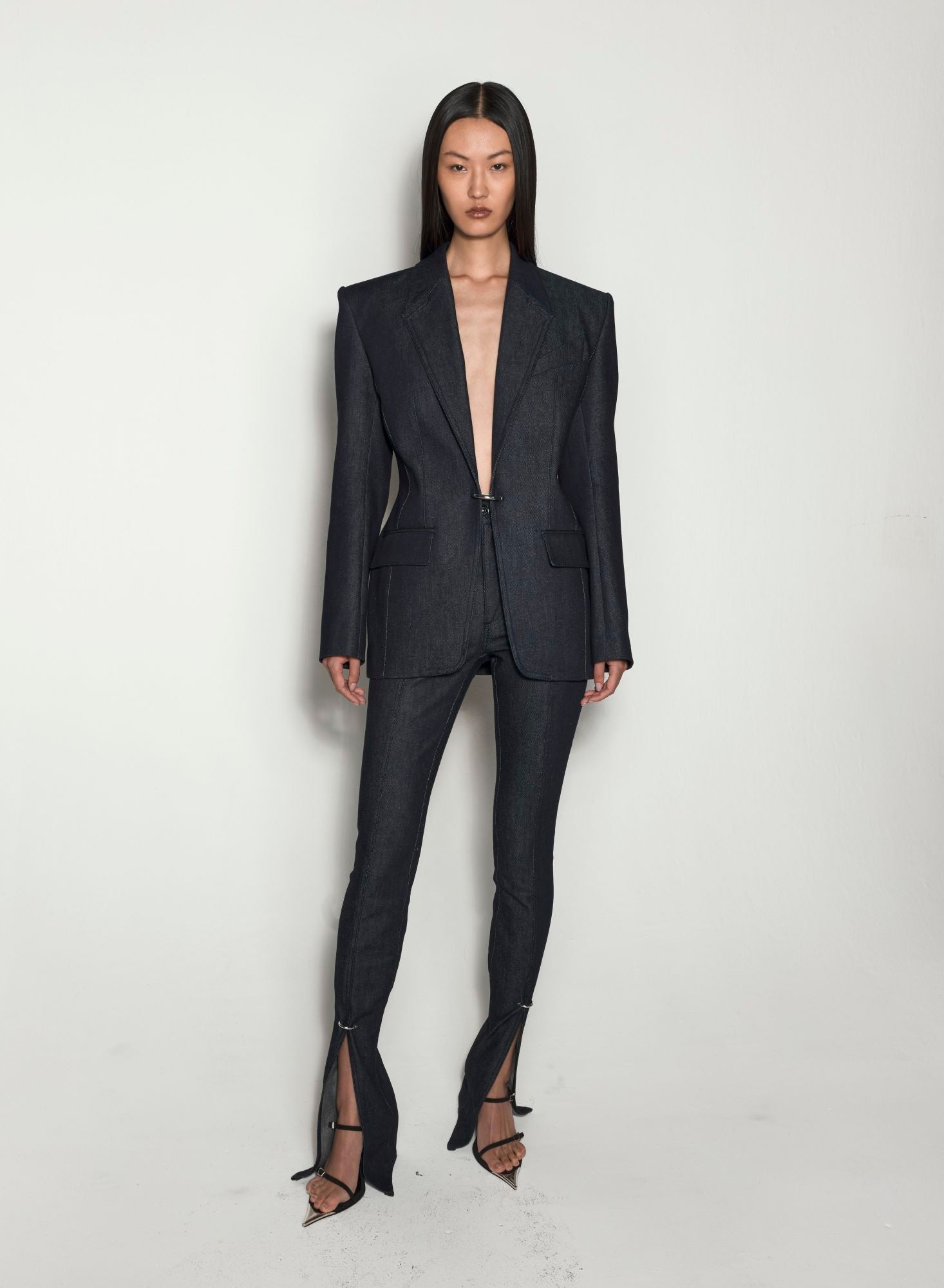 PIERCED TAILORED RAW DENIM JACKET