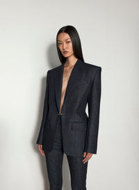 PIERCED TAILORED RAW DENIM JACKET