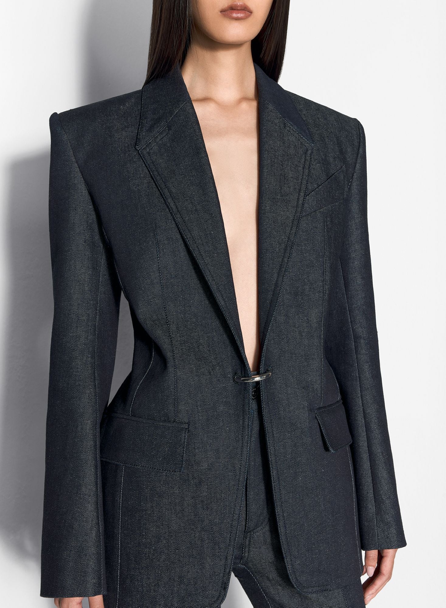 PIERCED TAILORED RAW DENIM JACKET