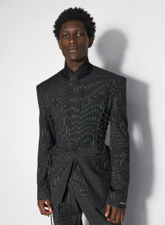 Veste tailleur rayée à lacets en laine - Black on Grey