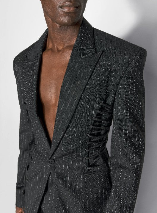 Veste tailleur rayée à lacets en laine - Black on Grey