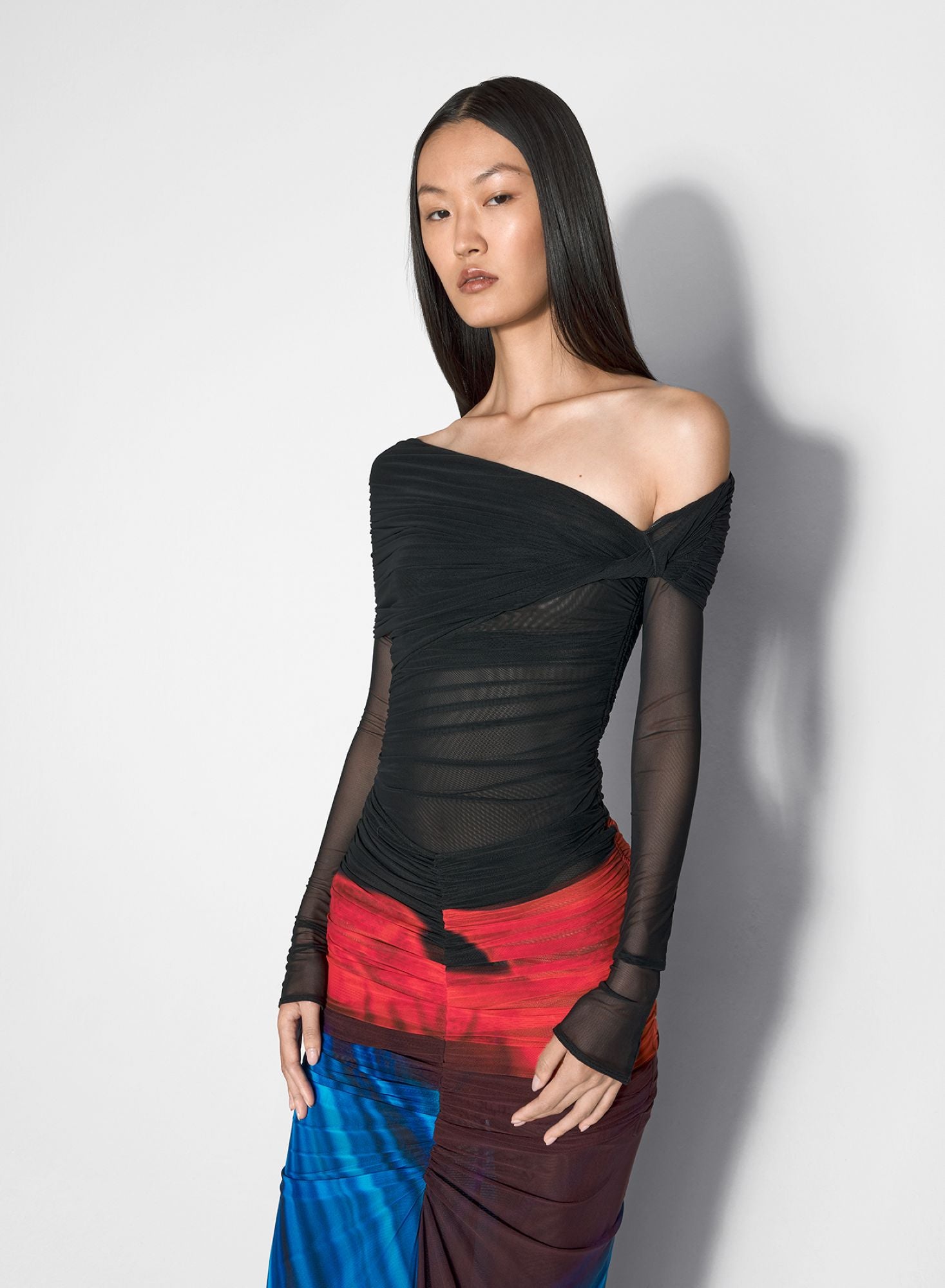 BLACK OFF-SHOULDER RUCHED BODYSUIT
