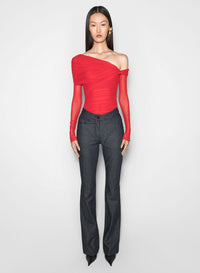 BLACK OFF-SHOULDER RUCHED BODYSUIT