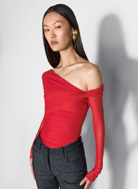 BLACK OFF-SHOULDER RUCHED BODYSUIT