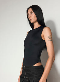 BLACK SLEEVELESS SHOULDER LOGO BODYSUIT