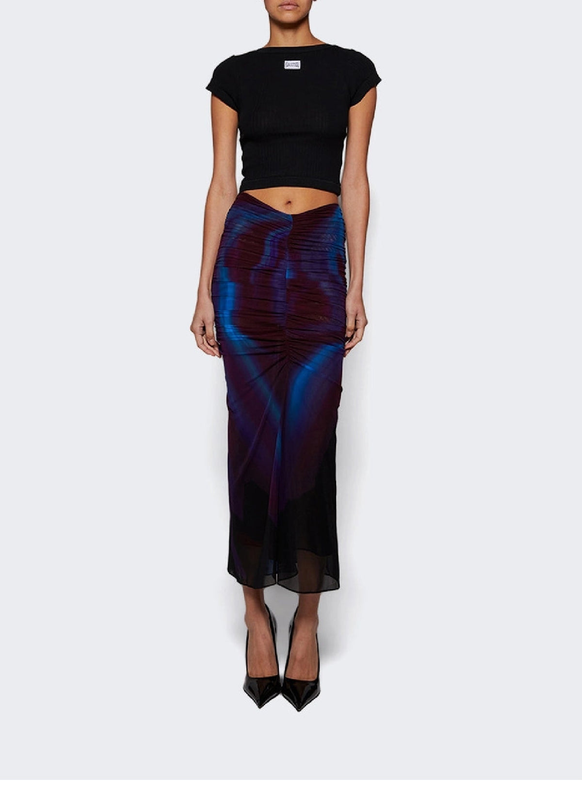 PRINT BLUE & RED FLOWERS // floral print ruched mesh skirt