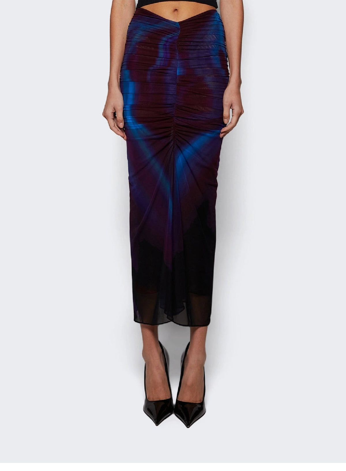 PRINT BLUE & RED FLOWERS // floral print ruched mesh skirt