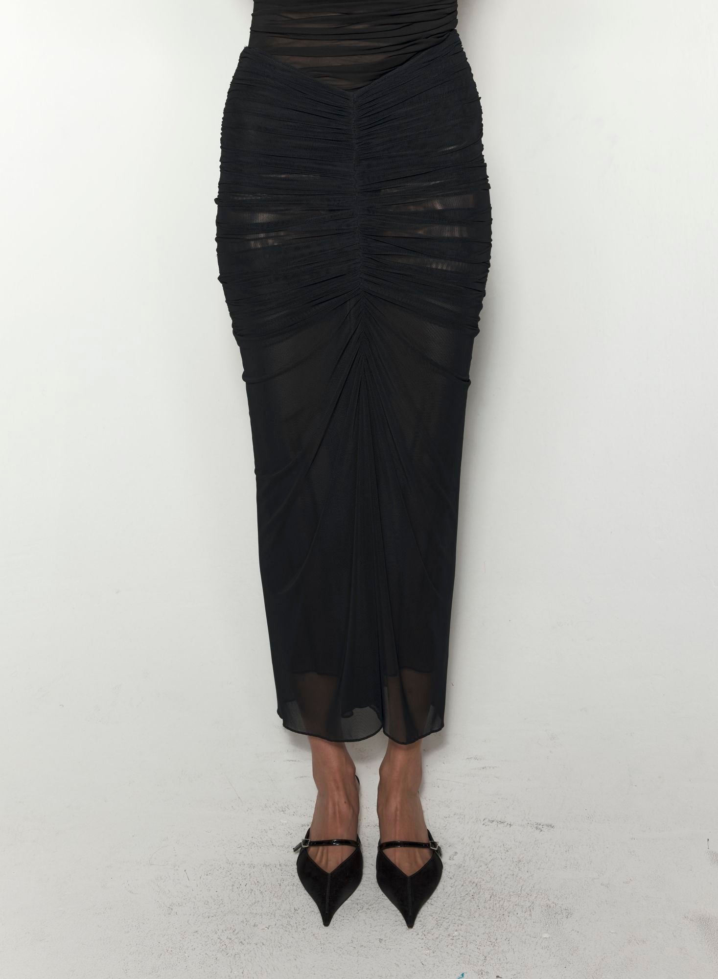 BLACK RUCHED MESH SKIRT